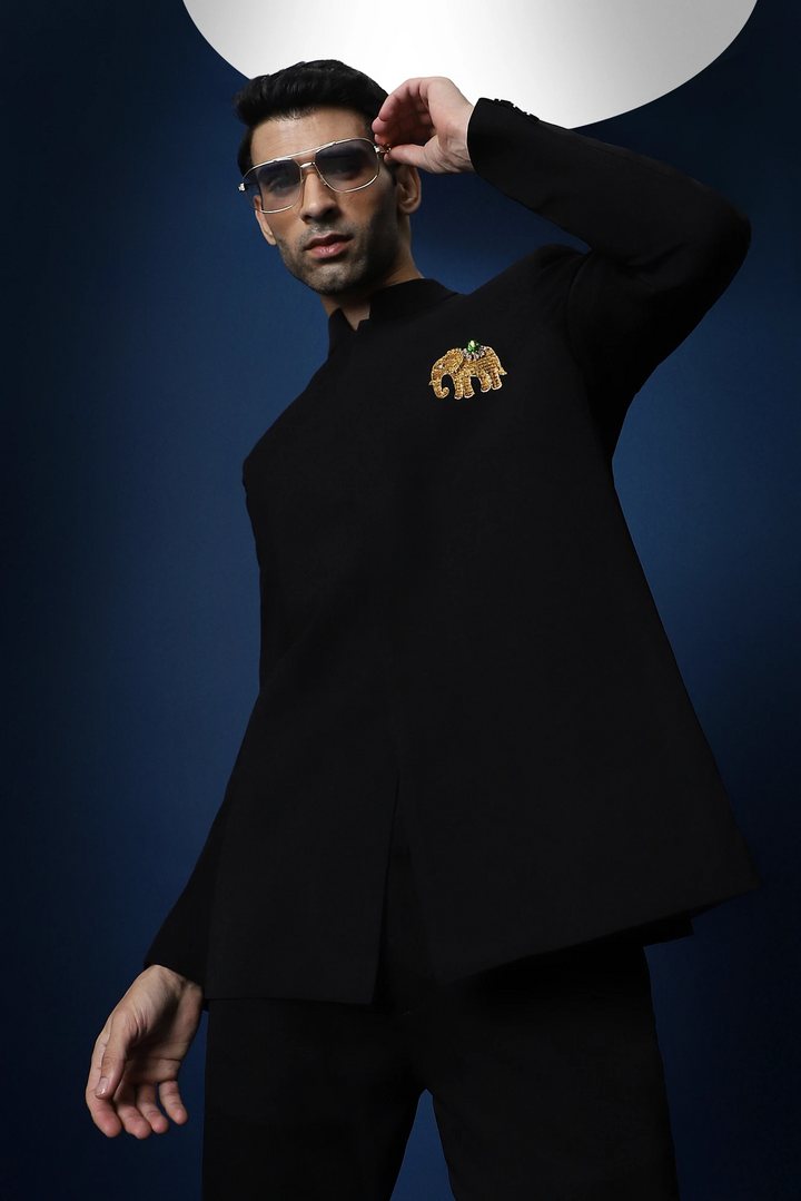 Yanai (Elephant) Hand Embroidered Bandhgala - Black