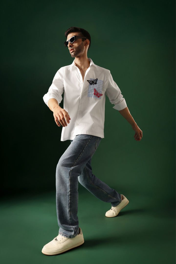 Flutter - Hand Embroidered Oversized Designer Shirt - White