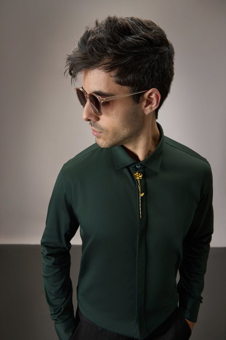 Floret - Hand Embroidered Designer Shirt - Bottle Green
