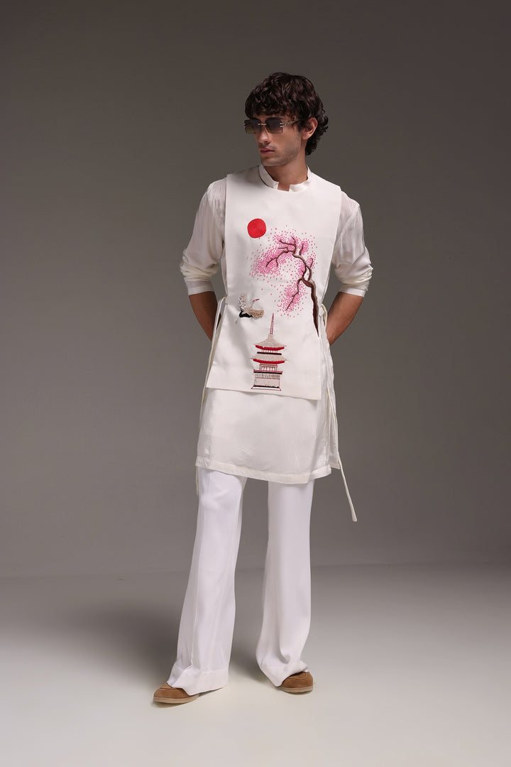 Sakura(Japanese) - Hand Embroidered Designer Bib - Ivory