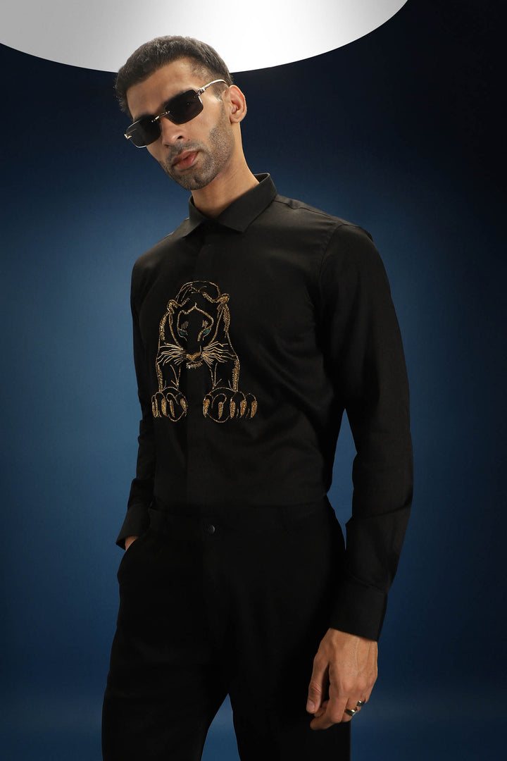 Black Panther - Hand Embroidered Designer Shirt - Black