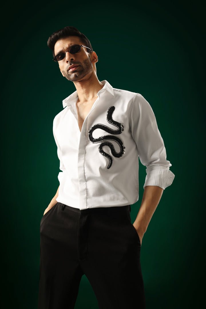 Slither(Snake) - Hand Embroidered Designer Shirt - White