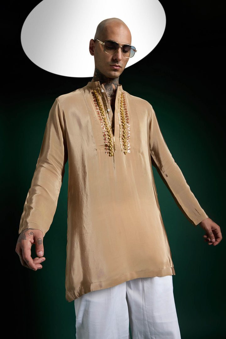 Quiet Chimes Hand Embroidered Designer Kurta - Camel Brown