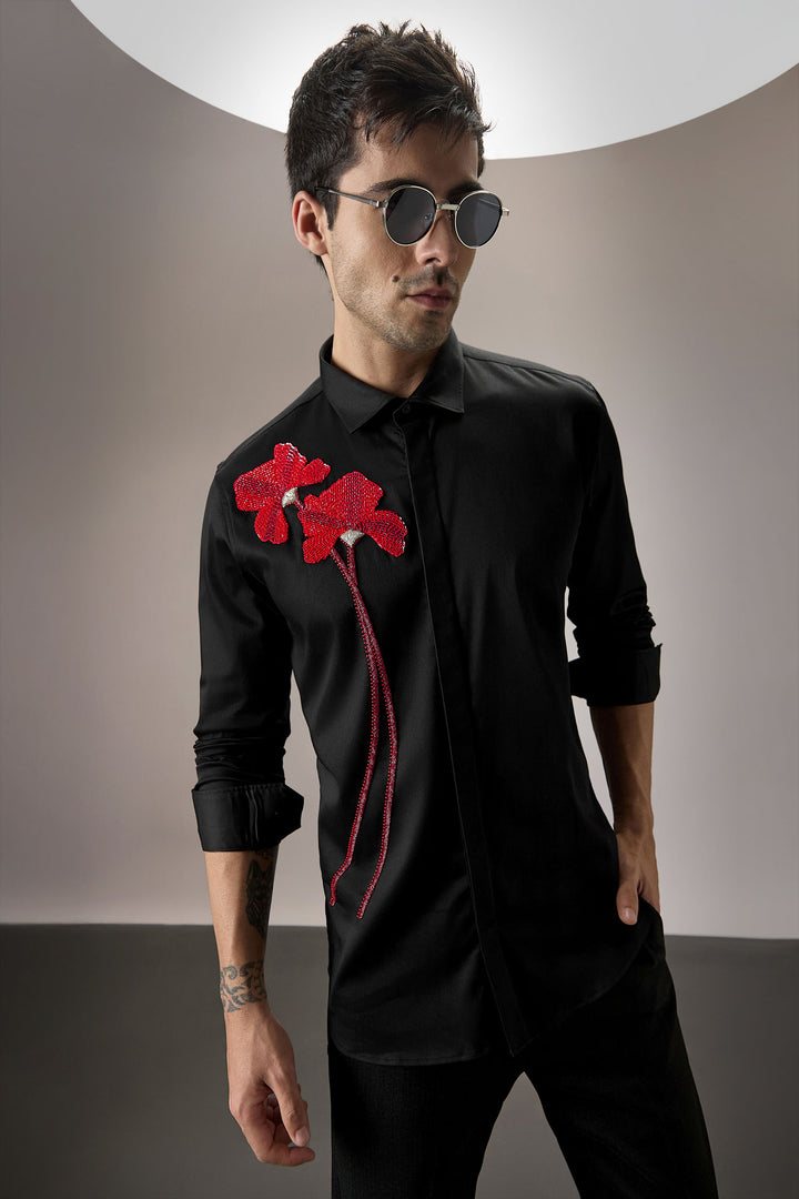 Red Flower - Hand Embroidered Designer Shirt - Black