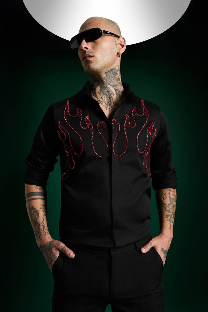 Flames- Hand Embroidered Designer Shirt - Black