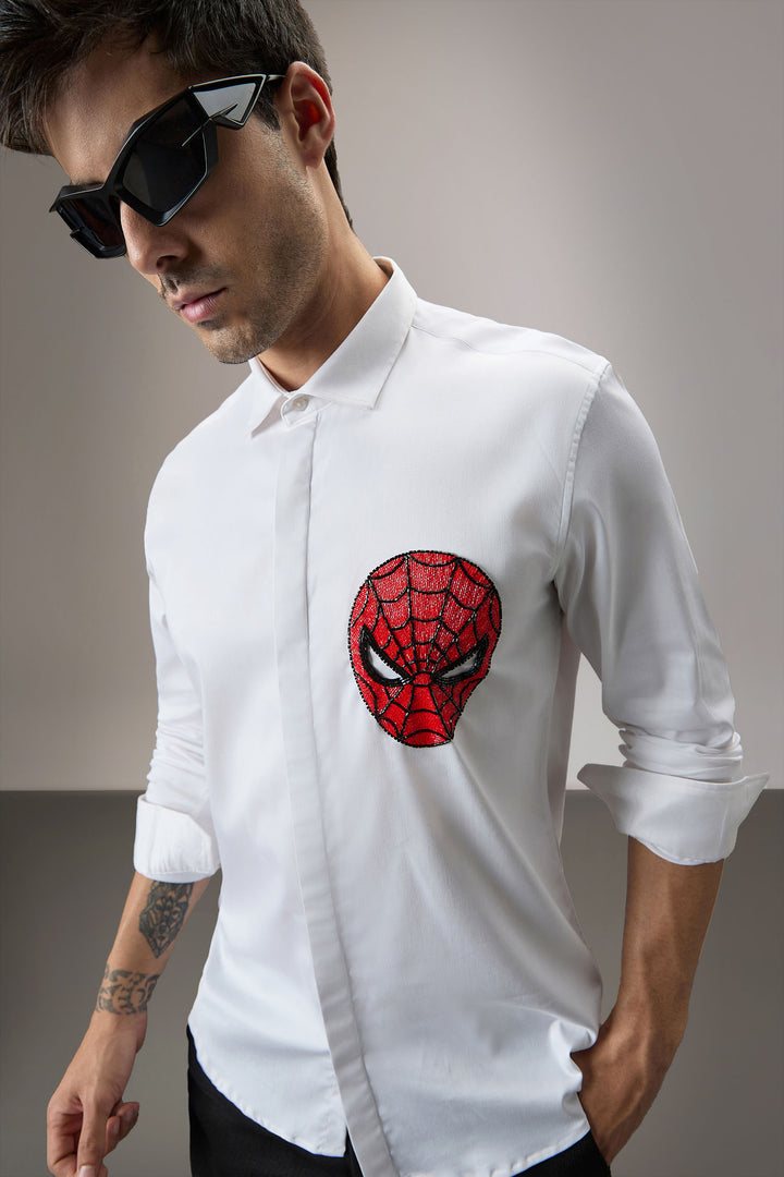 Spiderman - Hand Embroidered Designer Shirt - White