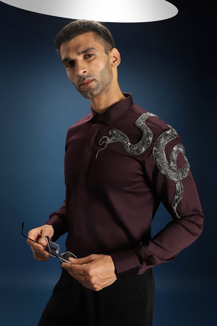 Viper - Hand Embroidered Designer Shirt - Wine