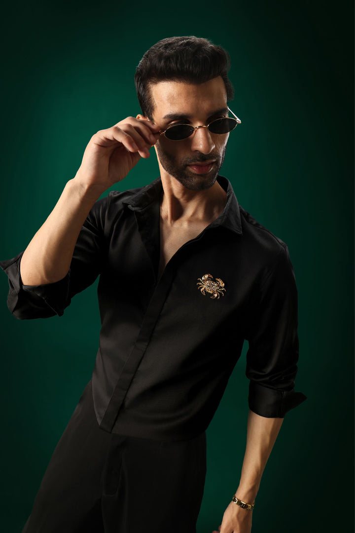 Crab - Hand Embroidered Designer Shirt - Black