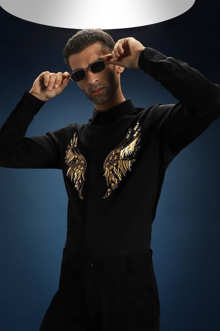 Fly(Wings) - Hand Embroidered Designer Shirt - Black