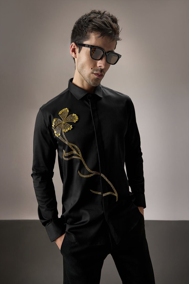 Long Flower - Hand Embroidered Designer Shirt - Black
