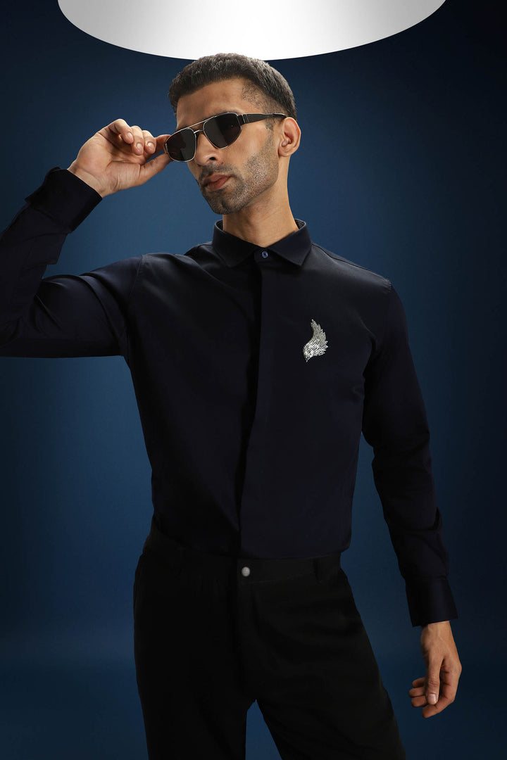 Feather(Wings) - Hand Embroidered Designer Shirt - Navy