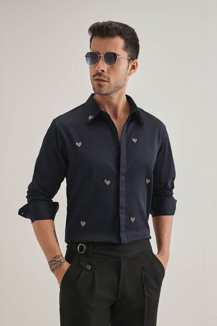 Little Heart - Hand Embroidered Designer Shirt - Navy