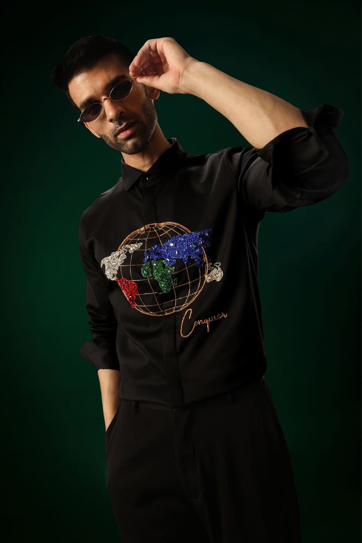 Conquerer(Globe) - Hand Embroidered Designer Shirt - Black