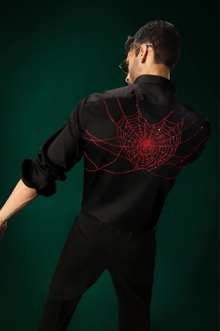 Cobweb(Spider) - Hand Embroidered Designer Shirt - Black