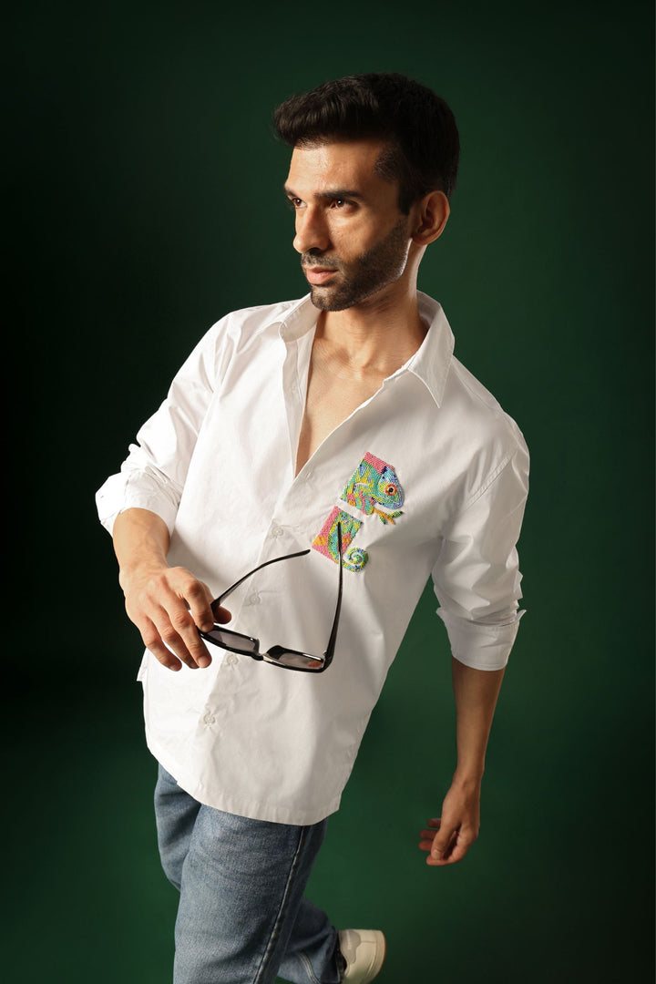 Chameleon - Hand Embroidered Oversized Designer Shirt - White
