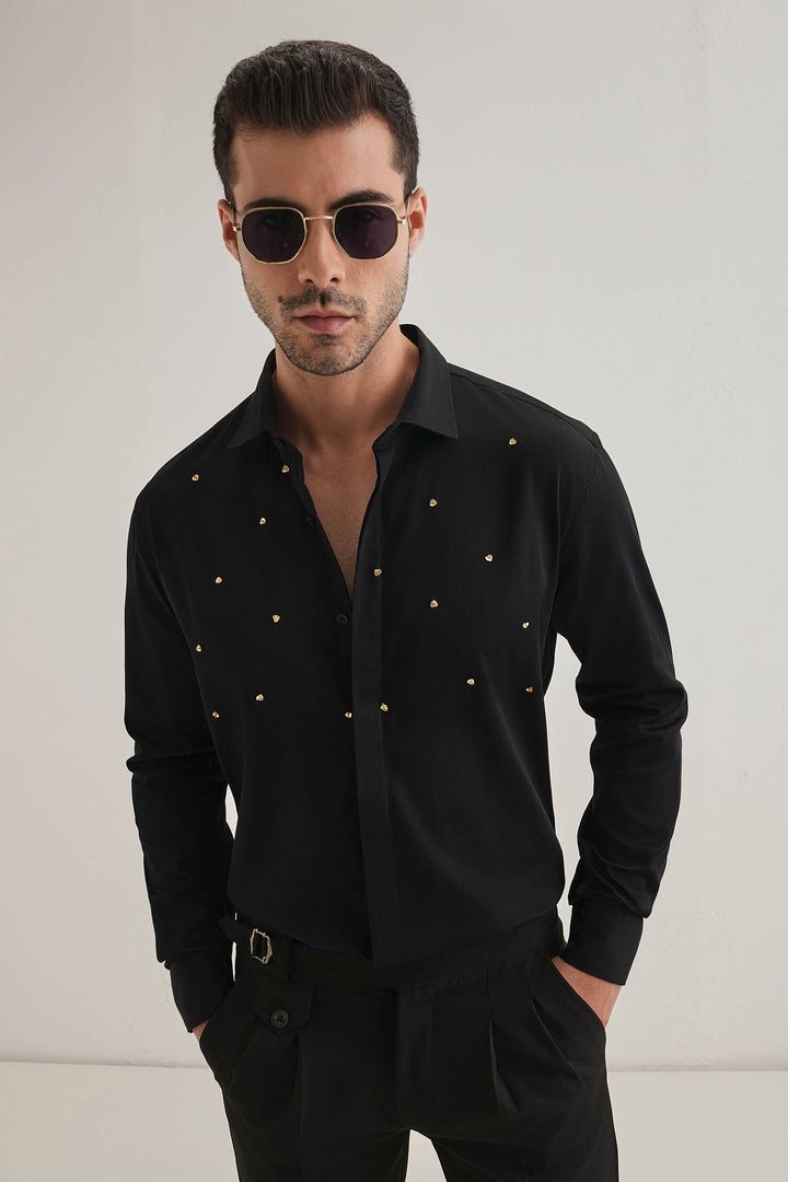 Heart Allover - Hand Embroidered Designer Shirt - Black