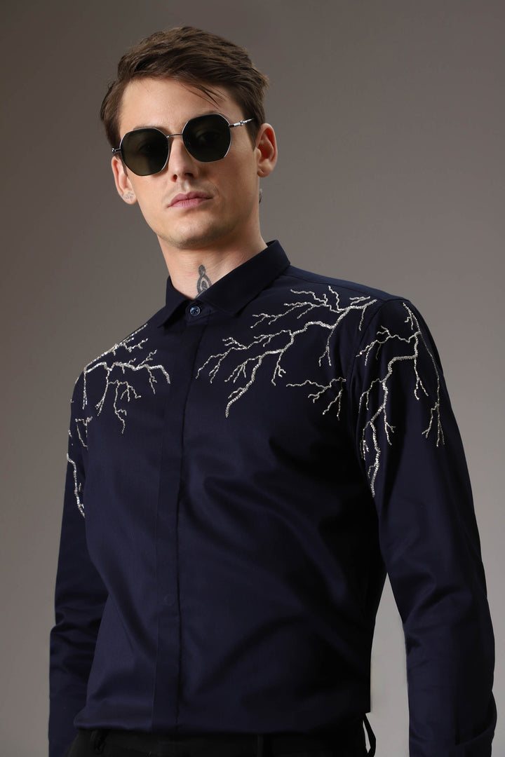 Lightening hand embroidered designer shirt - Navy