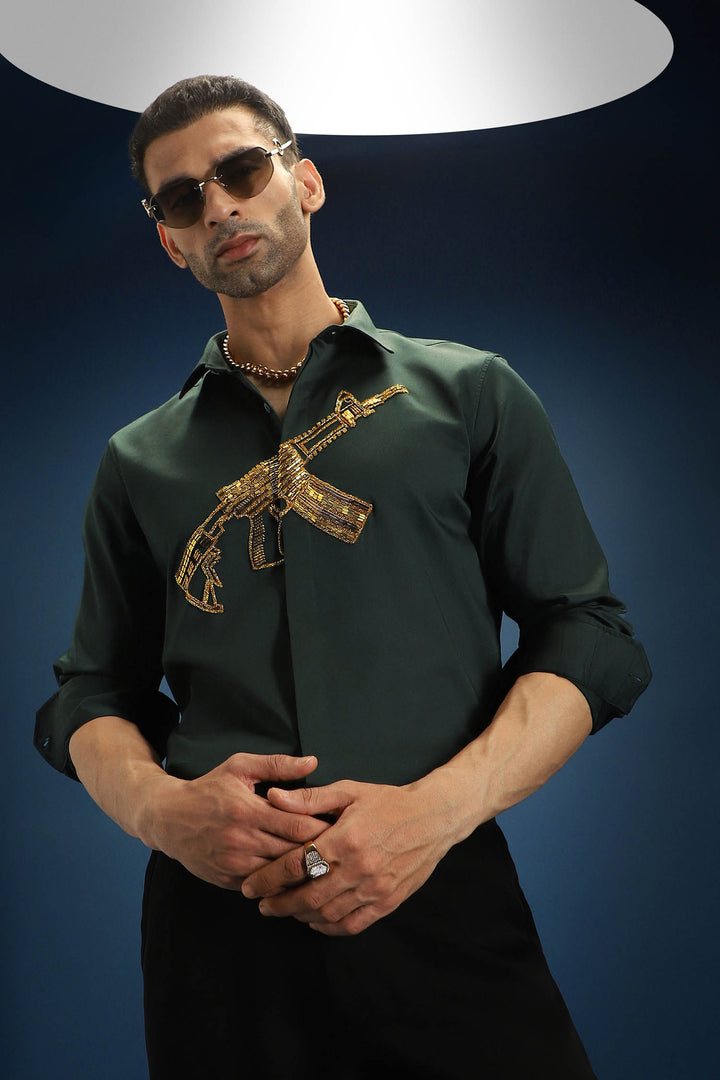 Sone Ki Bandook(Gun) - Hand Embroidered Designer Shirt - Bottle Green