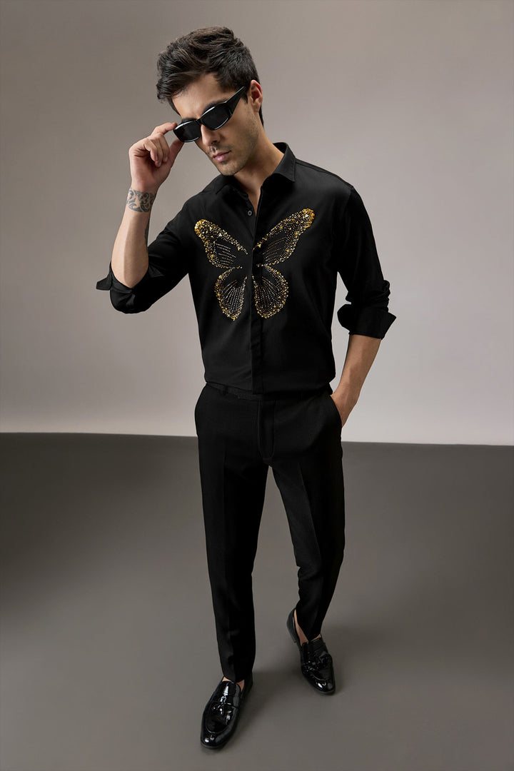 Butterfly - Hand Embroidered Designer Shirt - Black