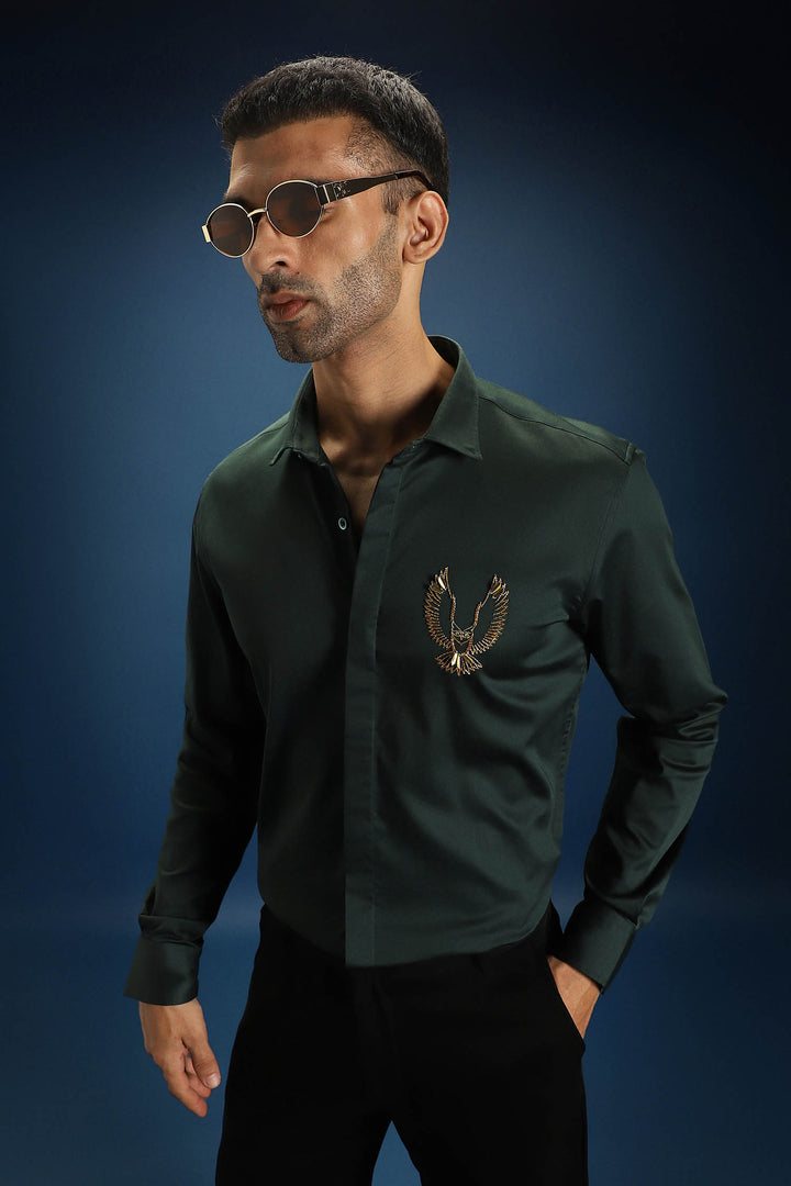 Owl - Hand Embroidered Designer Shirt - Bottle green