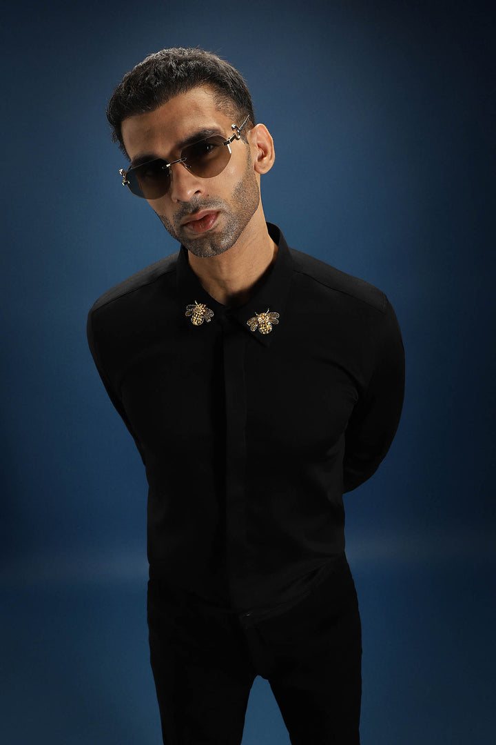 Collar Bumblebee - Hand Embroidered Designer Shirt - Black