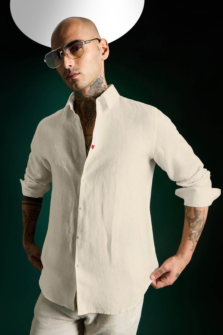 Heart Hand Embroidered Irish Linen Shirt - Ivory