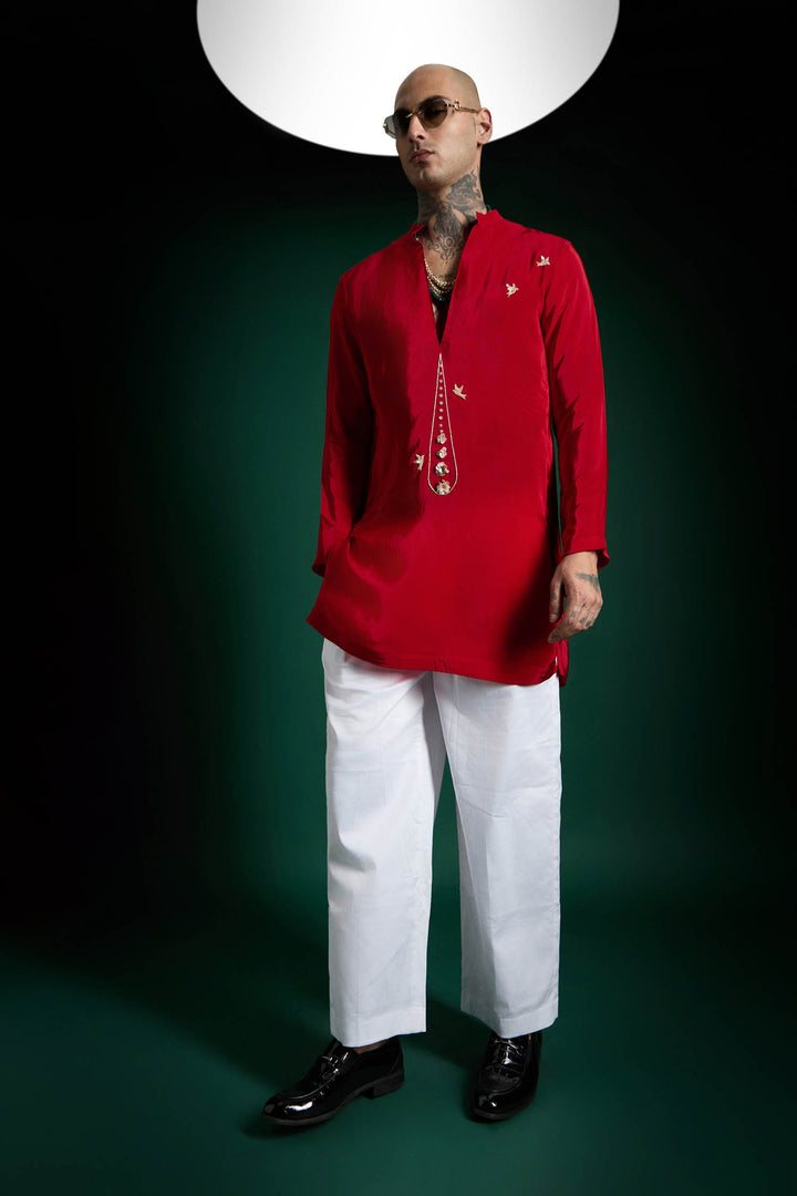 Botanic Hand Embroidered Designer Kurta - Red