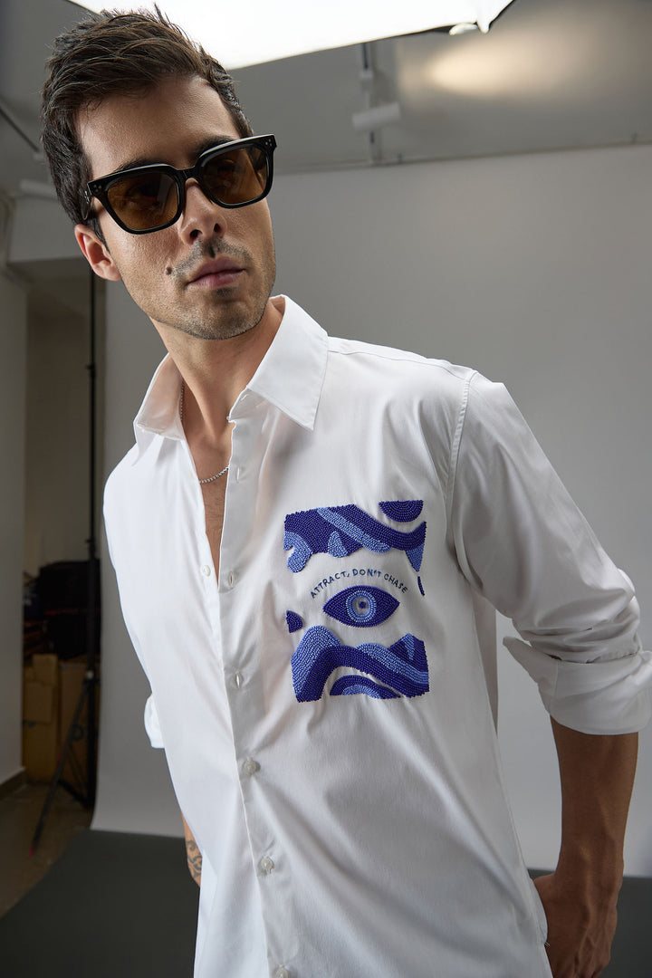 Attract Don’t Chase - Hand Embroidered Oversized Designer Shirt - White