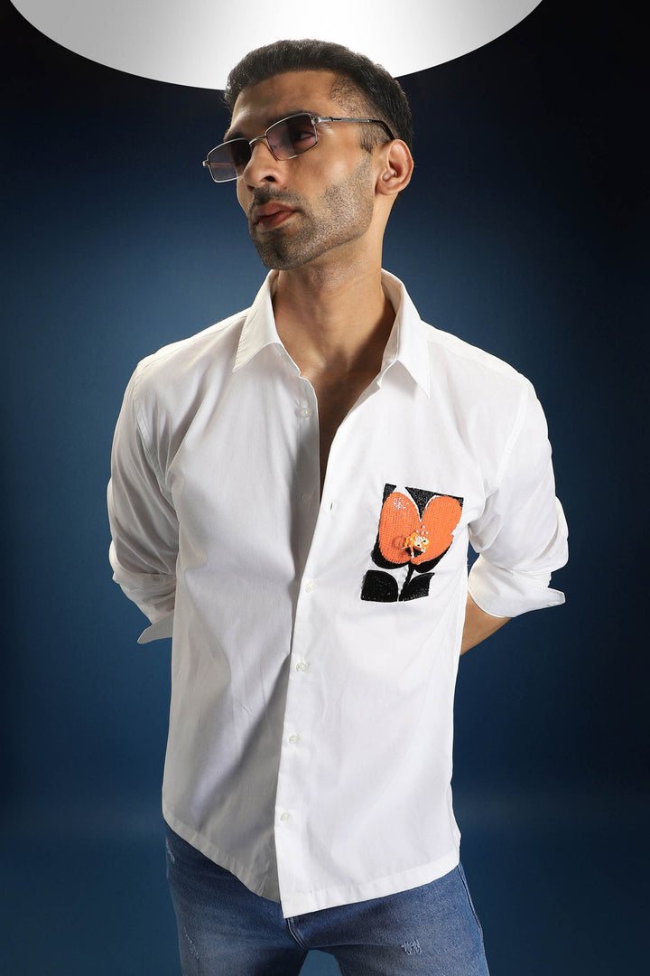 Flourish(Flower)- Hand Embroidered Oversized Designer Shirt - White