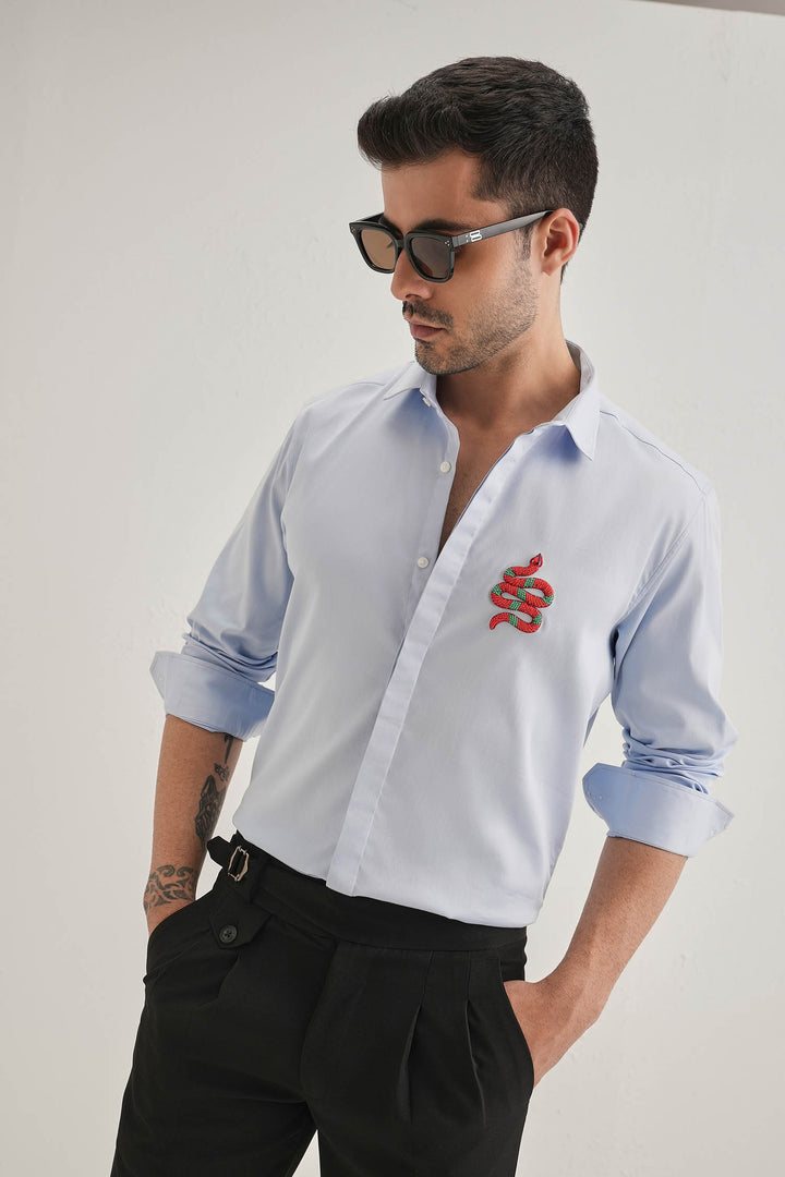 Serpent(Snake) - Hand Embroidered Designer Shirt - Powder Blue