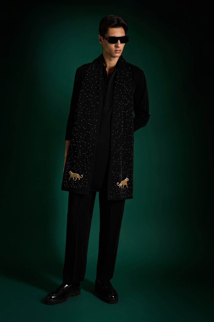 Bobcat Hand Embroidered Designer Shawl Set With Kurta And Pant - Black