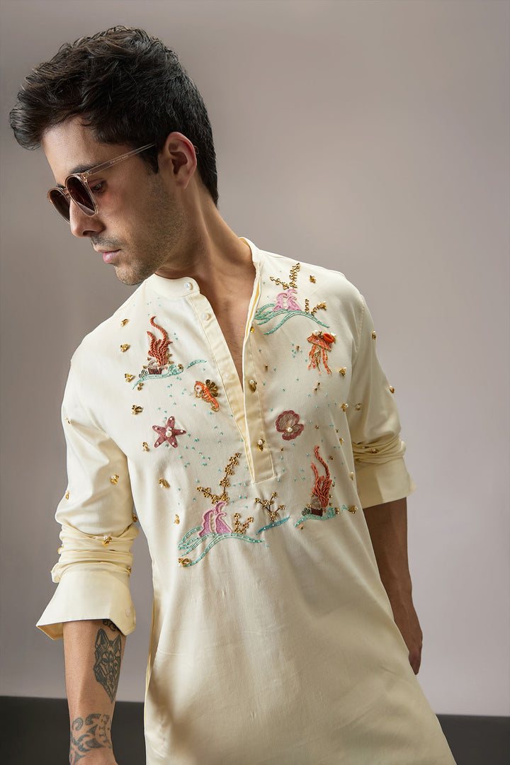 Brine (Ocean) - Hand Embroidered Designer Kurta - IVORY