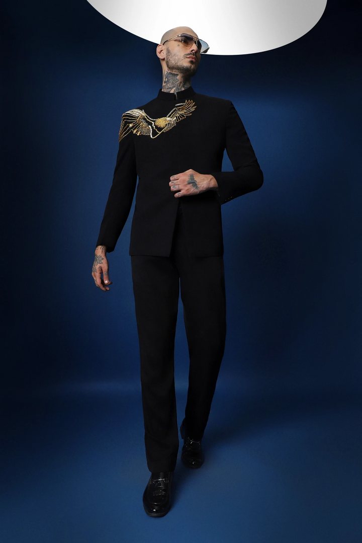 Eagle Hand Embroidered Bandhgala - Black