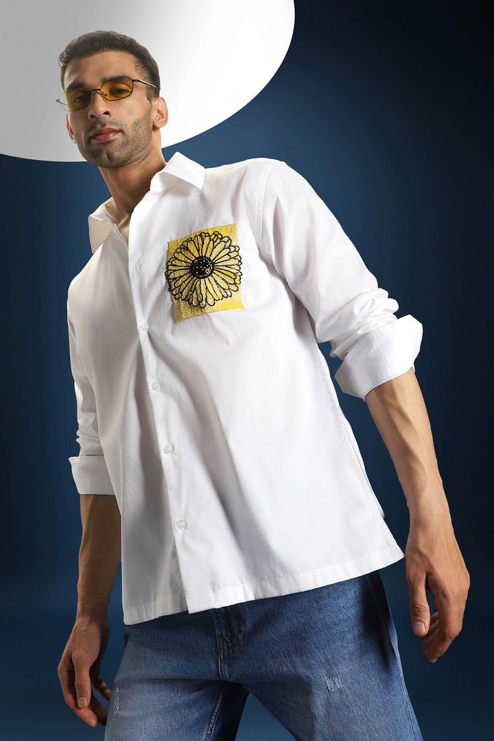 Sunflower Hand Embroidered Oversized Designer Shirt - White