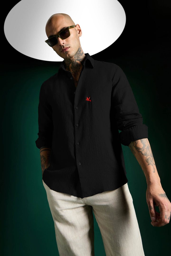 Bird Hand Embroidered Irish Linen Shirt - Black - Red