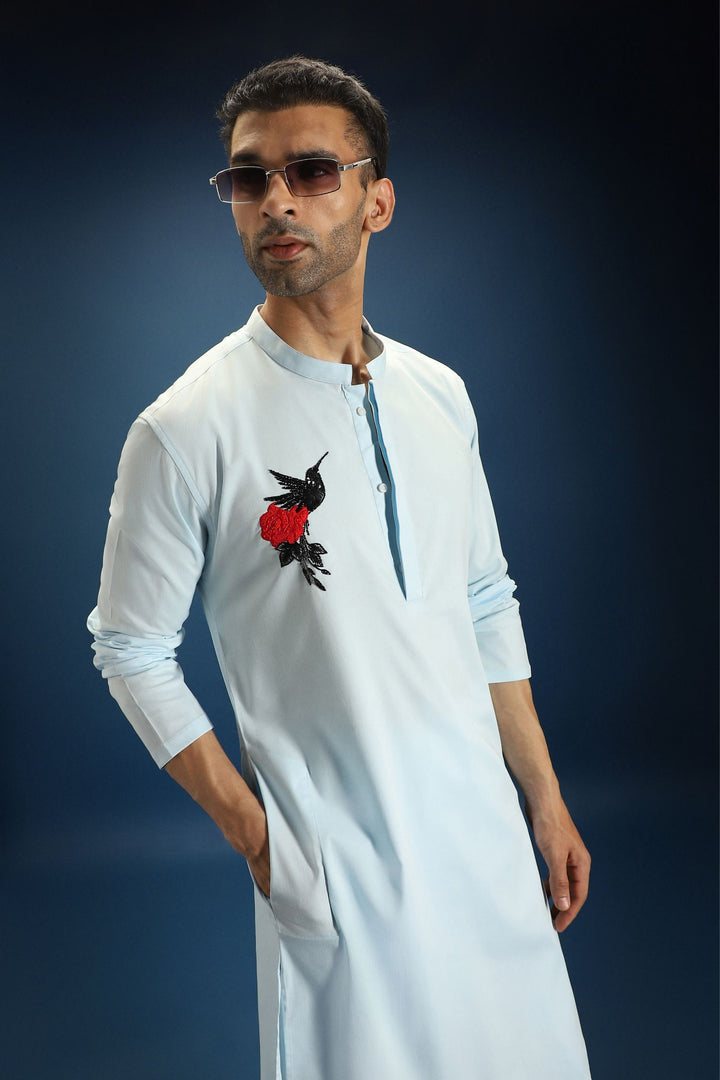 Song Bird Hand Embroidered Designer Kurta - Sky Blue
