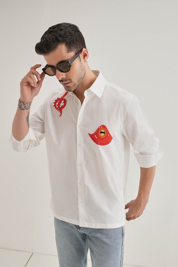 Octopod(Octopus) - Hand Embroidered Oversized Designer Shirt - White