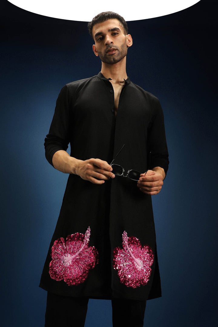 Hibiscus Kurta - Hand Embroidered Designer Kurta - Black