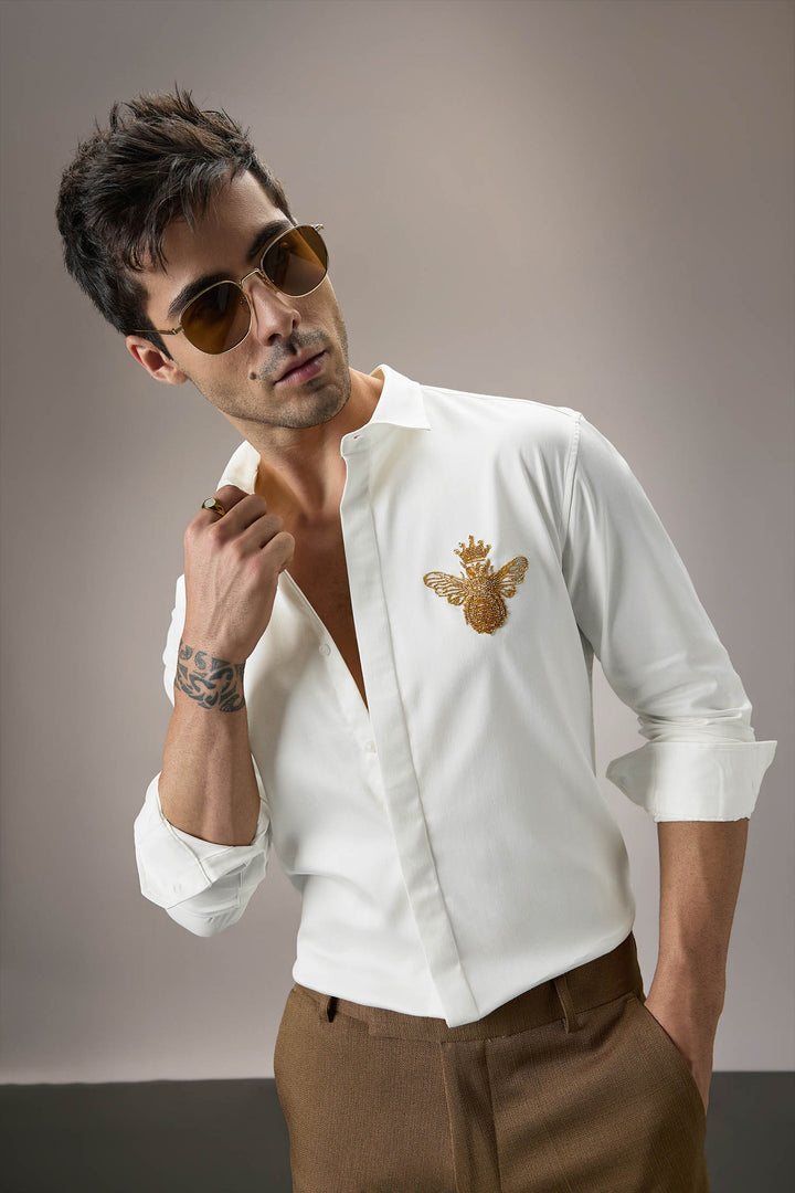 Queen Bee - Hand Embroidered Designer Shirt - White