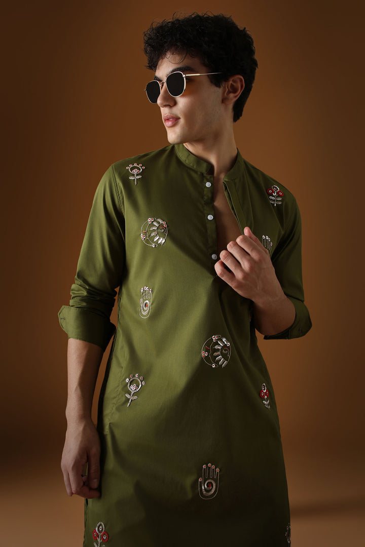 Hamsa - Hand Embroidered Designer Kurta - Olive Green