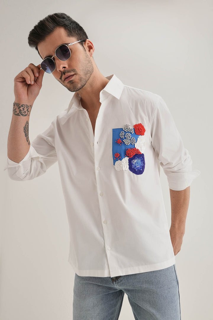 Amoe Hand Embroidered Oversized Designer Shirt - White