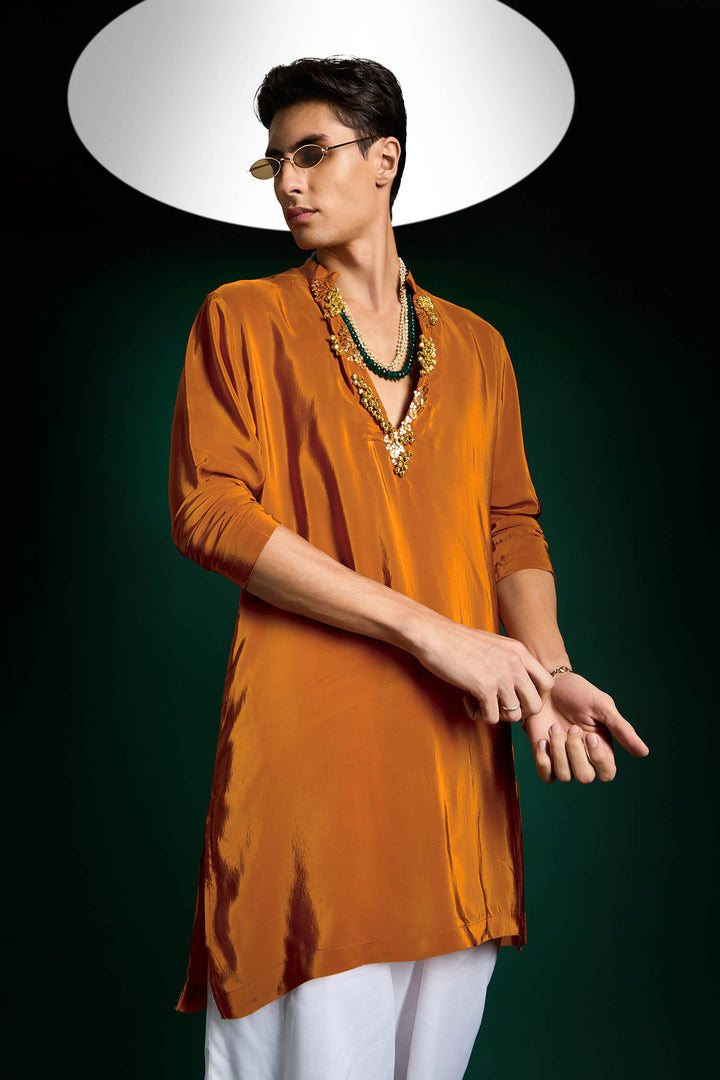 Bell Clusters Hand Embroidered Designer Kurta - Rust Orange