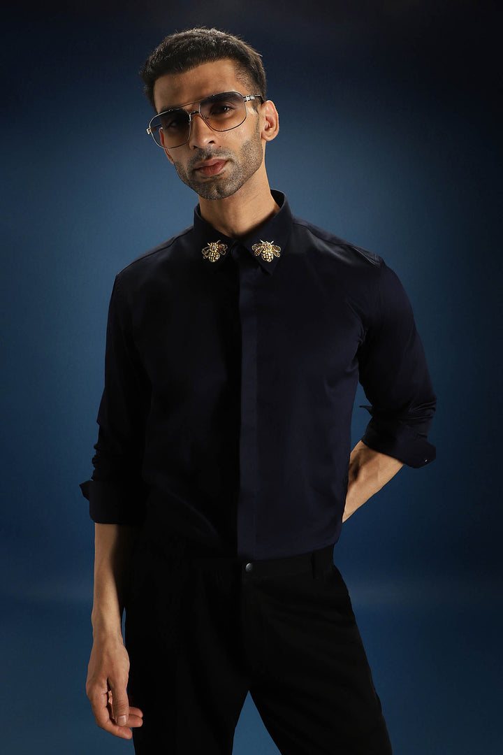 Collar Bumblebee - Hand Embroidered Designer Shirt - Navy