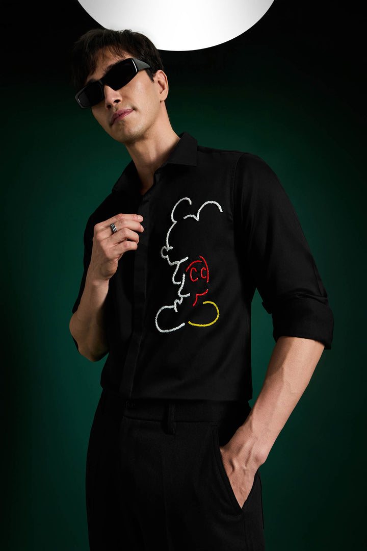 Big Mickey - Black Hand Embroidered Designer Shirt - Black