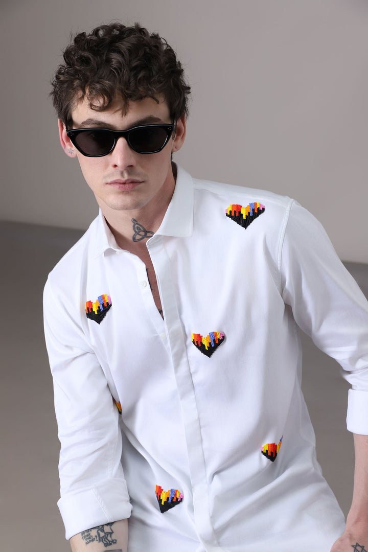 Hearts Hand Embroidered Designer Shirt - White