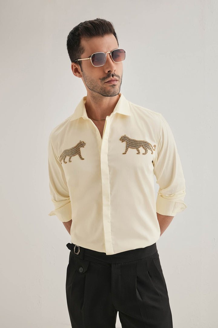 Bobcat - Hand Embroidered Designer Shirt - Ivory
