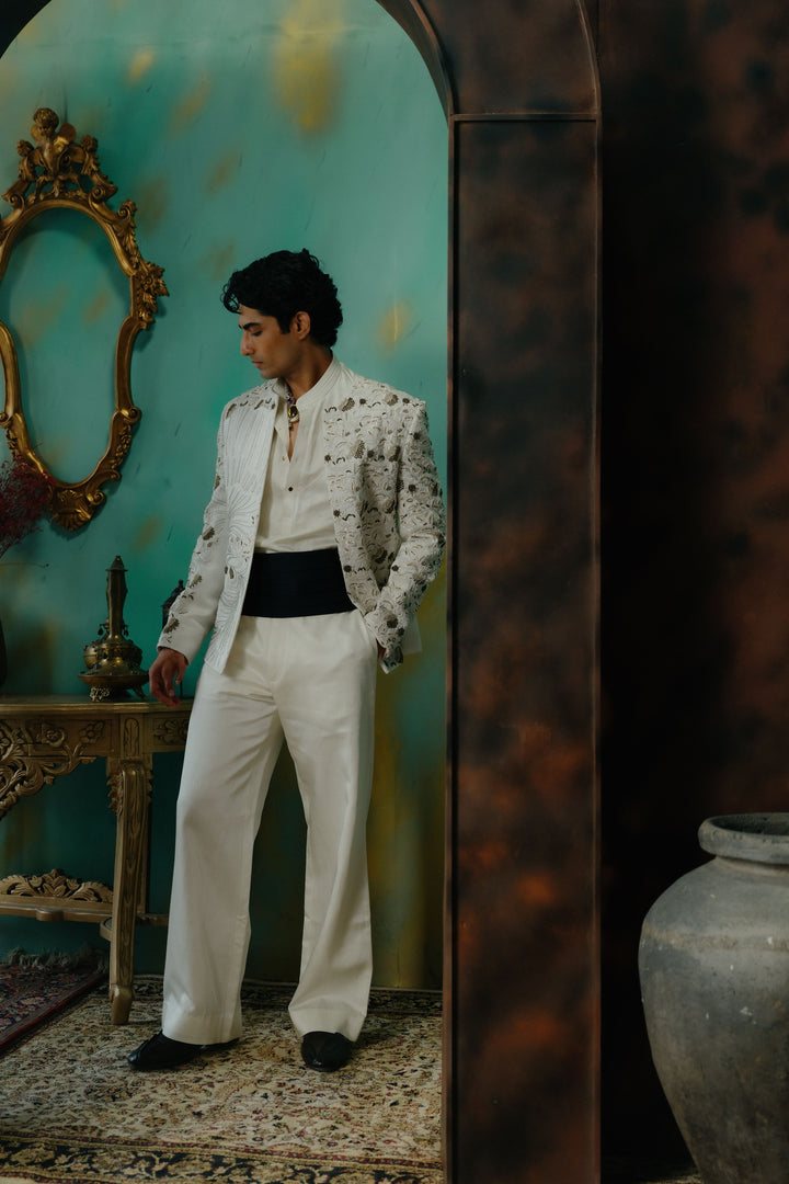 Ivory Hand Embroidered Silk Short Jacket Set