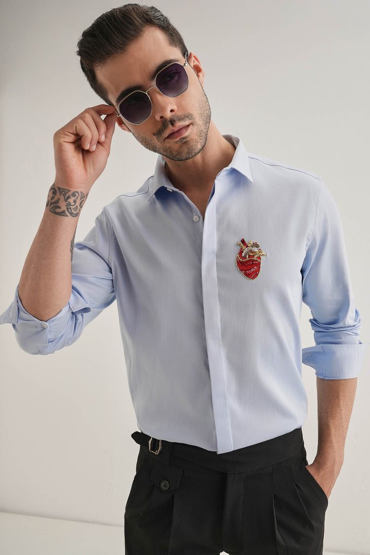 Biological Heart - Hand Embroidered Designer Shirt - Powder Blue