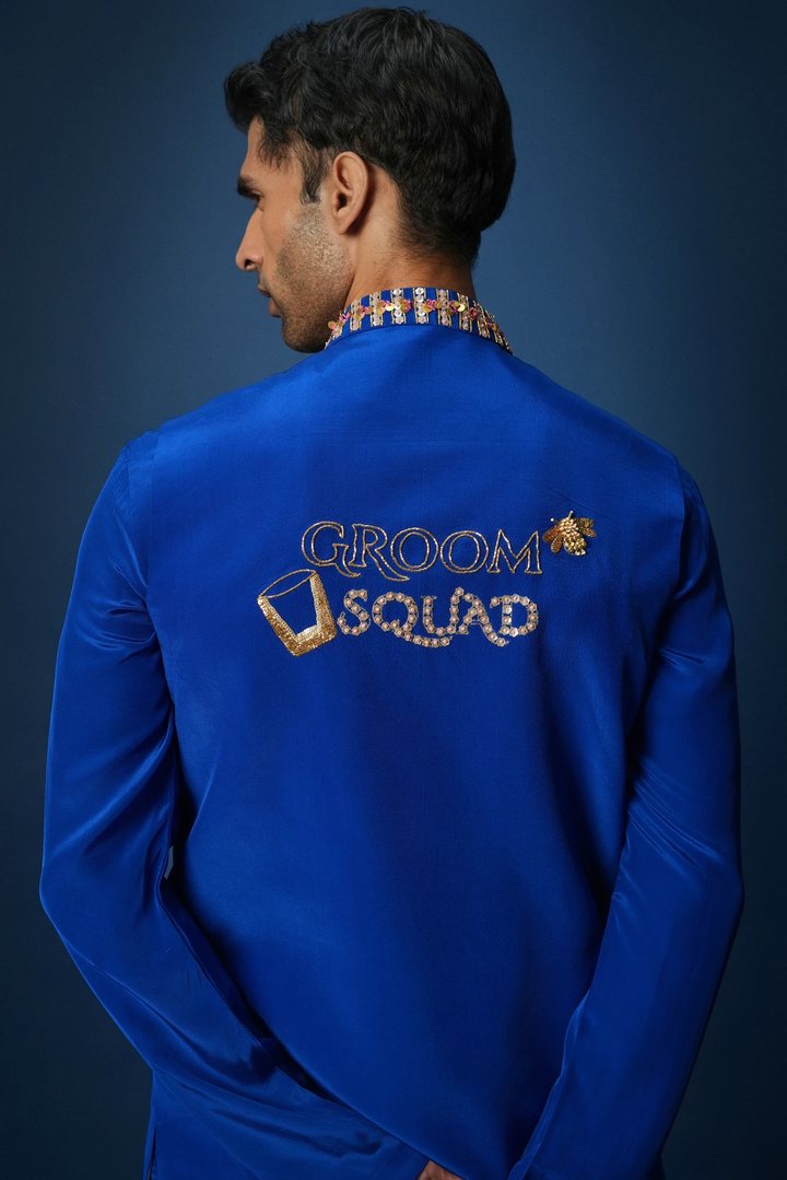 Groom Squad Hand Embroidered Crepe Bundi With Kurta - Royal Blue