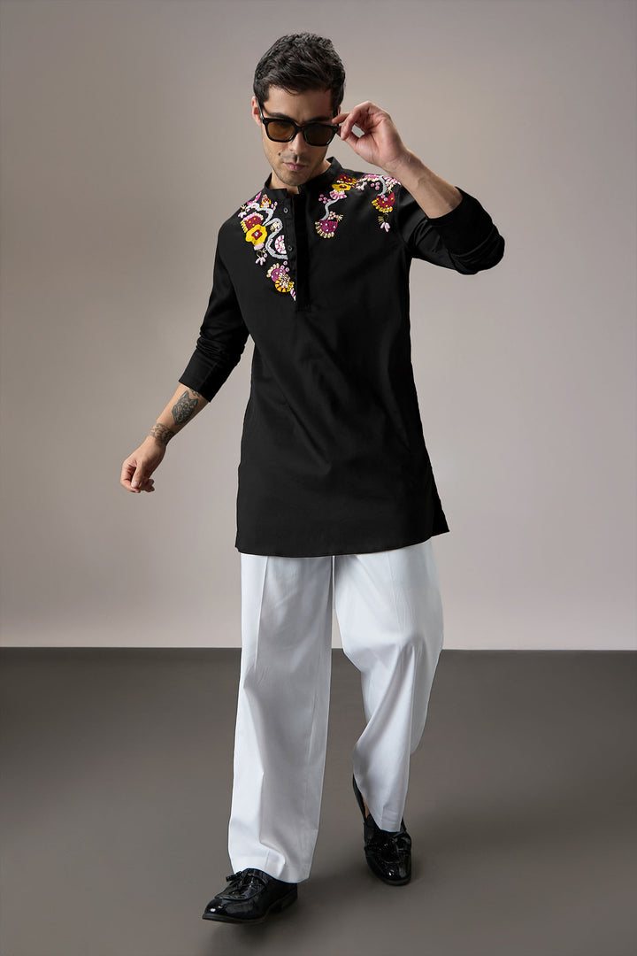 Cluster(Ocean) - Hand Embroidered Designer Kurta - Black